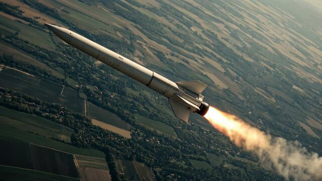 Military missile flying above lush landscape, aerial view of rocket launch and dramatic trail of smoke and fire. Concept of war, warfare. 