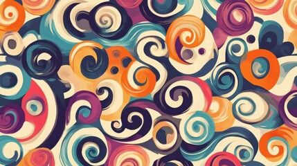 Retro inspired pattern showcasing colorful spirals and curved lines with a vibrant 70s color palette in a playful arrangement. Generative AI