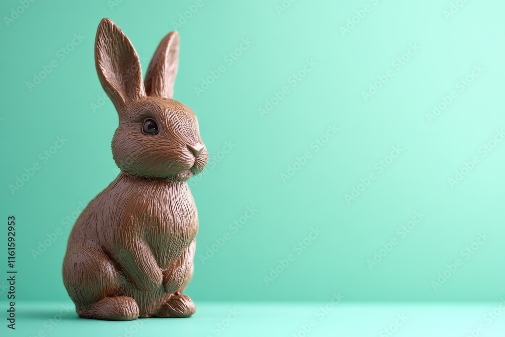 Poster brown rabbit figurine sitting calmly against a vibrant turquoise background in a minimalist setting