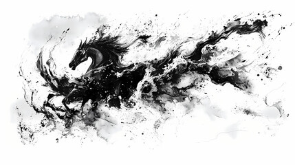Monochromatic abstract painting: dynamic ink splashes on white canvas ai generated. Vesperal. Illustration