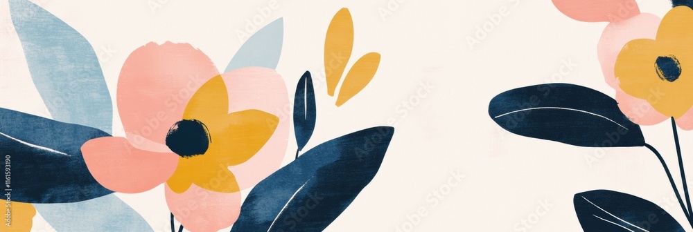 Leinwandbilder retro risograph inspired floral design featuring vibrant colors and stylized shapes in a minimalisti