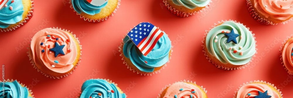Poster cupcakes decorated with american flags in colorful frosting ready for celebration and enjoyment at a