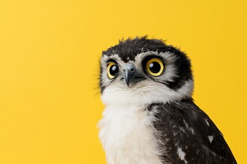 A close-up of a young owl against a bright yellow background.