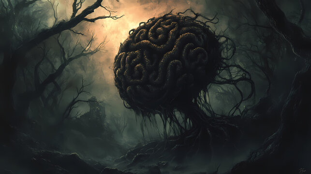 Pulsating brain like creature with mind controlling tendrils in a nightmarish halloween scene with chiaroscuro styling. Vesperal. Illustration