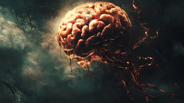 Pulsating brain like creature with mind controlling tendrils in a nightmarish halloween scene with chiaroscuro styling. Vesperal. Illustration