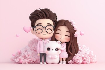 Cute couple and fluffy bear amid pink blossoms in pastel cartoon style