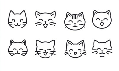 Obraz premium Eight cute cartoon cat faces in line art style.