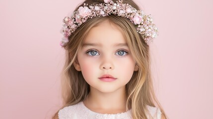 Fototapeta premium Enchanting young girl with floral crown and soft pink background