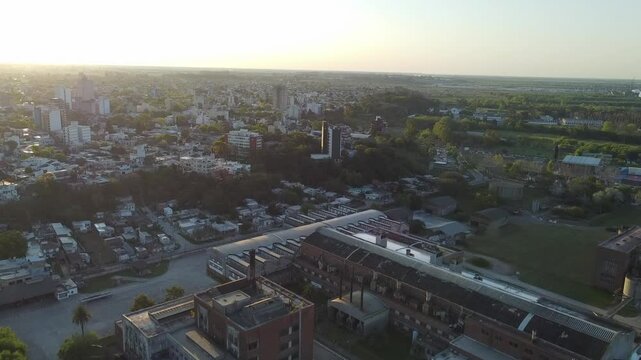 Sunset and sunset in the city of Zarate from the riverbank in a drone