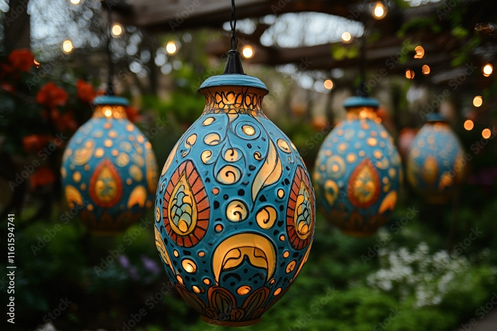 Poster decorative lanterns illuminate a vibrant garden during an evening gathering in a serene outdoor sett