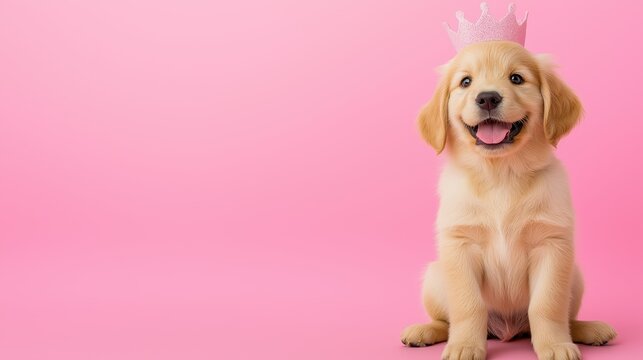 Happy golden retriever puppy wearing pink crown on bright pink background