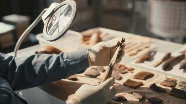 Hands of unrecognizable archaeologist in gloves inspecting ancient spearhead under magnifying lamp at desk in laboratory. Close-up shot