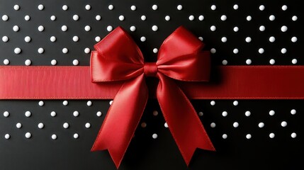Elegant Red Bow on a Stylish Black and White Polka Dot Background, Perfect for Holiday Gifts, Celebrations, and Special Occasions