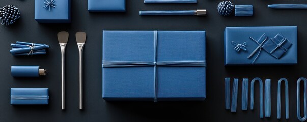 Blue gift box and accessories laid out neatly on a dark surface