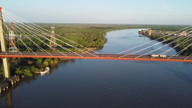 Heavy truck traffic on the Zarate Brazo Largo complex suspension bridge