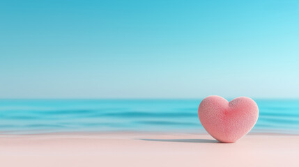 Fototapeta premium Pink heart on serene sandy beach with tranquil blue ocean and sky
