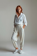 Beautiful dashing fashion model brunette hair friends wear overalls suit casual style. Full length studio portrait of young business Person. Casual style, beauty accessories. High fashion urban style