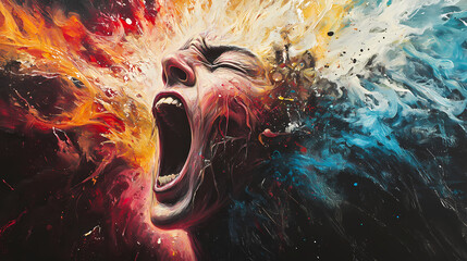 Fractured colors and violent brushstrokes capture the turbulent turmoil of bursting emotions, a kaleidoscope of visceral states. Vesperal. Illustration