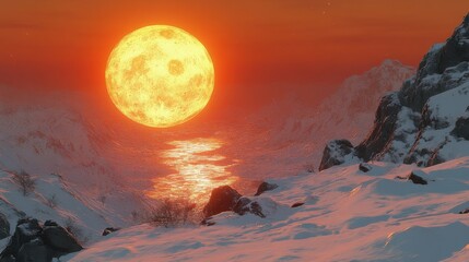Majestic Sunset Over Mountain Landscape with Large Orange Moon Reflecting on Snowy Terrain and Calm Waters, Capturing a Stunning Natural Scene