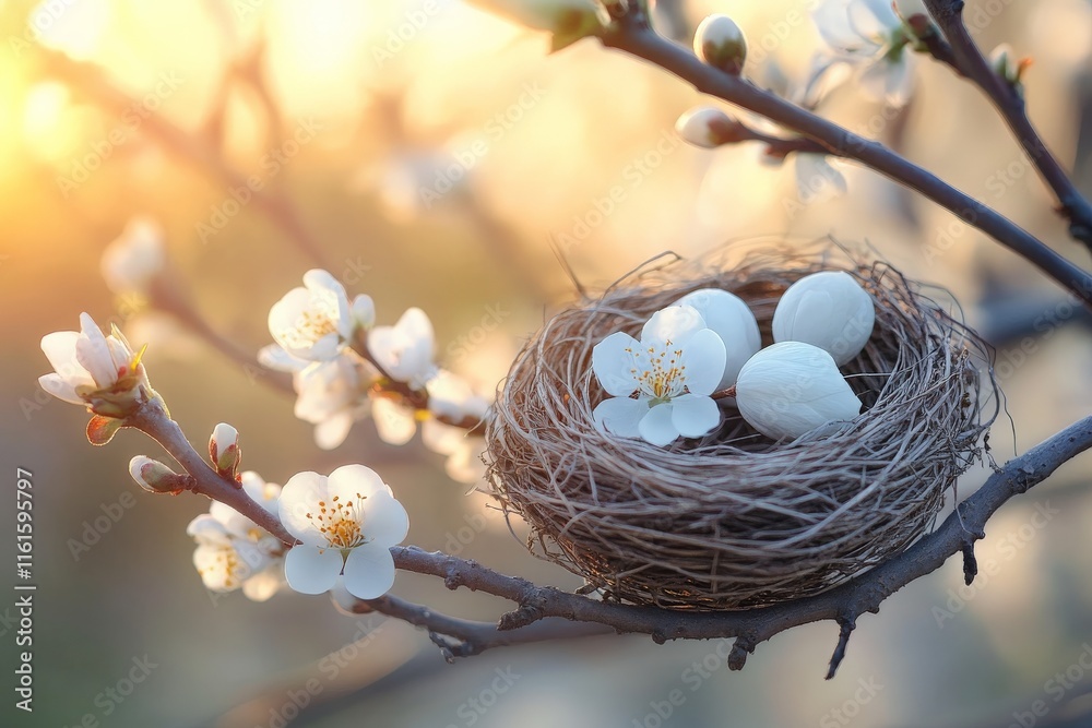 Aufkleber nest with three eggs sits among white blossoms on a branch during golden hour in springtime