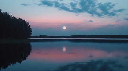 Fototapeta premium Serene Moonrise Over Tranquil Lake and Forest