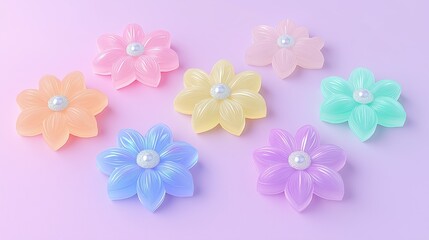 Colorful pastel flowers with pearls on soft gradient background