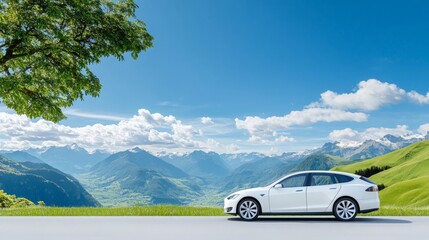 Naklejka premium Eco Friendly Electric Car Mountain Road Trip Scenic View