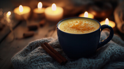 A mug of golden milk, made with frothy turmeric-infused almond milk and dusted with cinnamon, resting on a rustic table surrounded by soft fabric and warm candlelight, creating a cozy, soothing vibe.