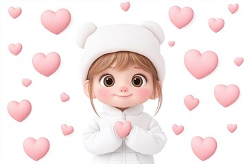 Obraz premium Cute cartoon girl in white outfit surrounded by pink hearts on a white background