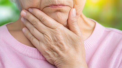 Fototapeta premium Elderly woman holding jaw in pain with wrinkled hand on chin in outdoor setting