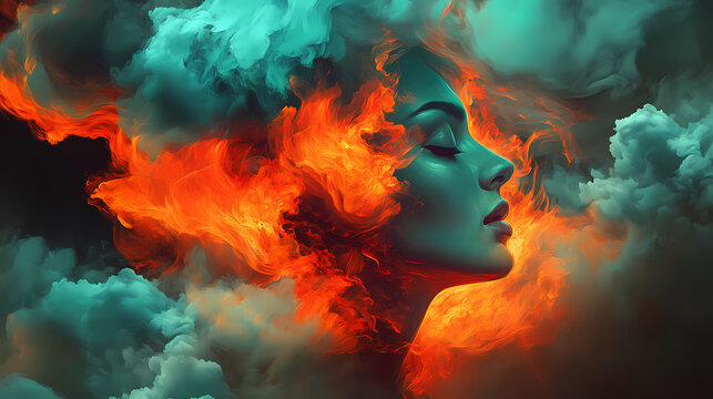 Abstract portrait of a woman transformed into fire and clouds. Vesperal. Illustration