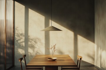 A serene dining space with soft shadows and minimalist decor.