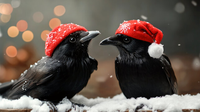 This image features two black crows wearing red festive hats, perched in a snowy setting with softly blurred lights in the background, evoking a whimsical winter charm.