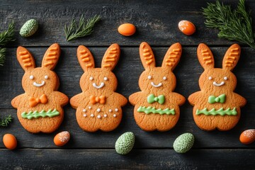Decorative easter cookies in the shape of bunnies with colorful toppings on a wooden table