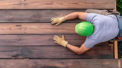 Construction worker inspecting wooden deck with green safety helmet and gloves