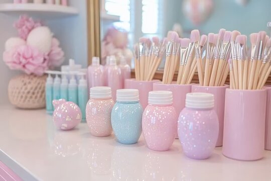 Stylish makeup station with pastel colors and organized beauty supplies in a bright, airy room
