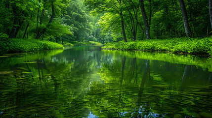 Serene Reflection of Lush Green Forest on Tranquil Water Surface
