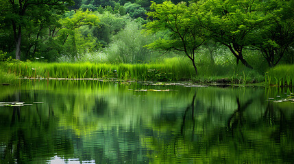 Serene Green Landscape with Tranquil Pond and Lush Vegetation