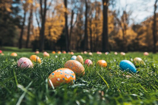 Colorful Easter eggs scattered on green grass in a sunny park during springtime festivities