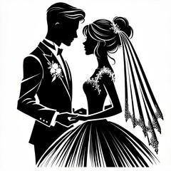 "Elegant Wedding Silhouette: Romantic Bride and Groom with Floral Frame in Minimalist Black and White Design"