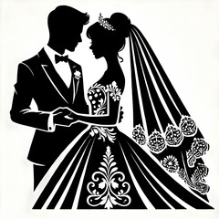 "Elegant Wedding Silhouette: Romantic Bride and Groom with Floral Frame in Minimalist Black and White Design"