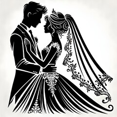 "Elegant Wedding Silhouette: Romantic Bride and Groom with Floral Frame in Minimalist Black and White Design"