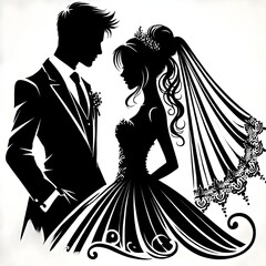 "Elegant Wedding Silhouette: Romantic Bride and Groom with Floral Frame in Minimalist Black and White Design"