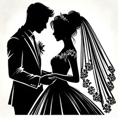 "Elegant Wedding Silhouette: Romantic Bride and Groom with Floral Frame in Minimalist Black and White Design"