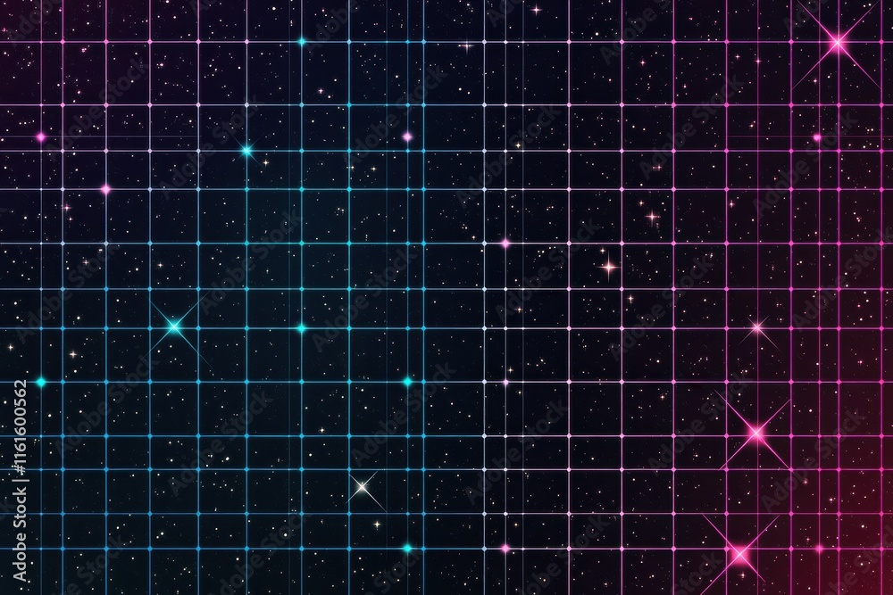 Leinwandbilder Retro 1990s grid pattern featuring vibrant colors and starry elements creating a dynamic cosmic background. Generative AI