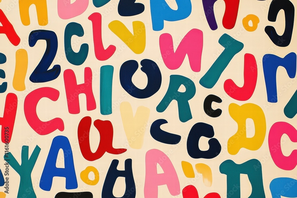 Poster colorful stylized alphabet pattern filled with playful letter shapes and vibrant colors for design i
