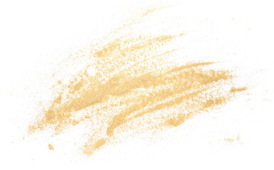 Yellow, golden maca organic powder scattered, isolated on white, top view