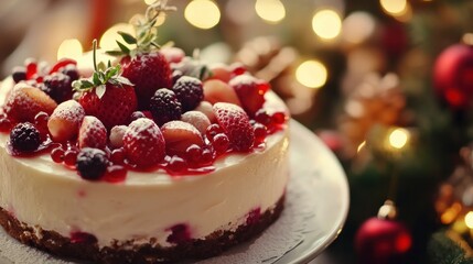 Winter berries and strawberries paired with a rich mascarpone cheese cake. Cheesecake from New York. up close. dish for Christmas. nutritious food. imaginative decoration for an atmosphere.