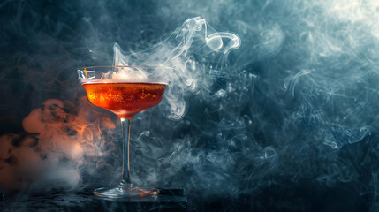 Elegant Cocktail Glass with Smoke and Bubbles on Dark Background