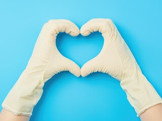 Obraz premium Hands in gloves making a heart shape on a blue background